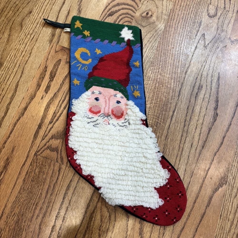 Vintage Midwest Importers Needlepoint Santa Christmas Stocking Green Velvet 19"